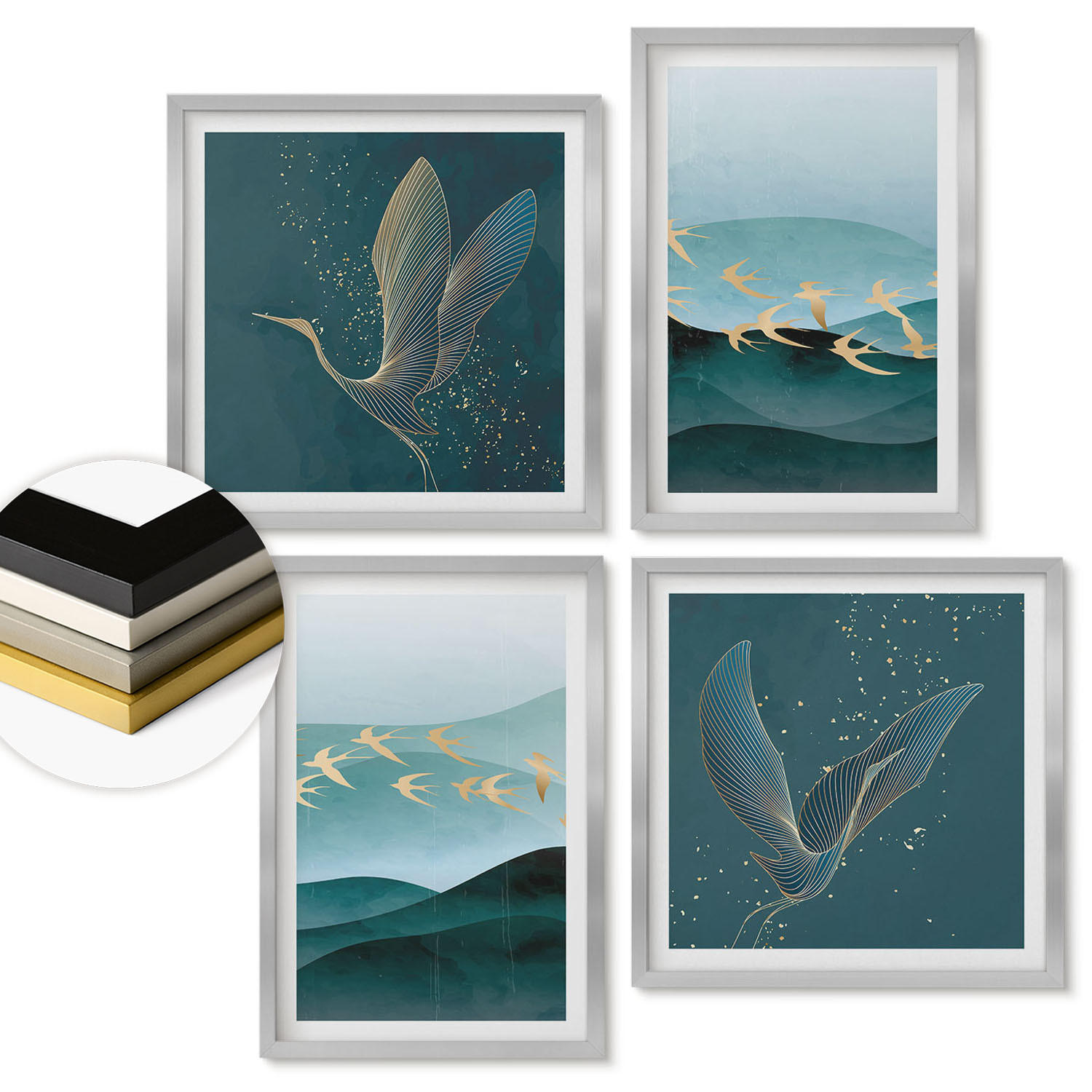 WANDBILDER 4er Set - 50x50 cm & 40x60 cm Silberner Rahmen - Abstrakte Landschaften von Vogelwellen - Silberfarben, Kunststoff (50/50cm) - ArtPrintCave