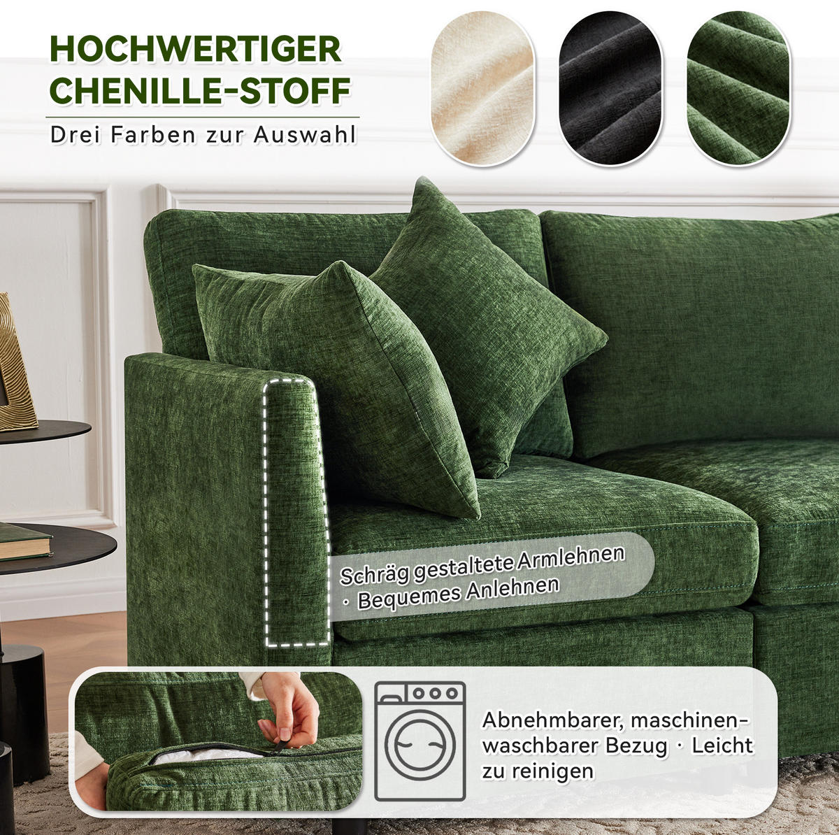 ECKSOFA 216/161/81 cm grün aus Chenille modular mit Hocker - Grün, Textil (161/216cm) - OKWISH