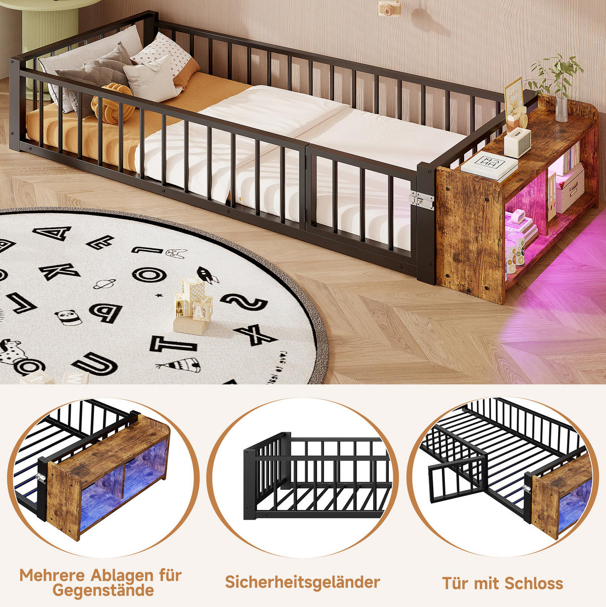 KINDERBETT 90/200 cm, Schwarz mit Schutzgeländer und LED, ohne Matratze - Schwarz, Metall (90/200cm) - MIVRAY