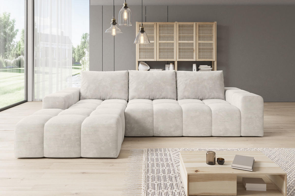ECKSOFA Cento, L-Form, Ottomane Links, Cordstoff, 285x56x180 cm, Beige - Beige, Holz (180/285cm) - PROMETO Möbel