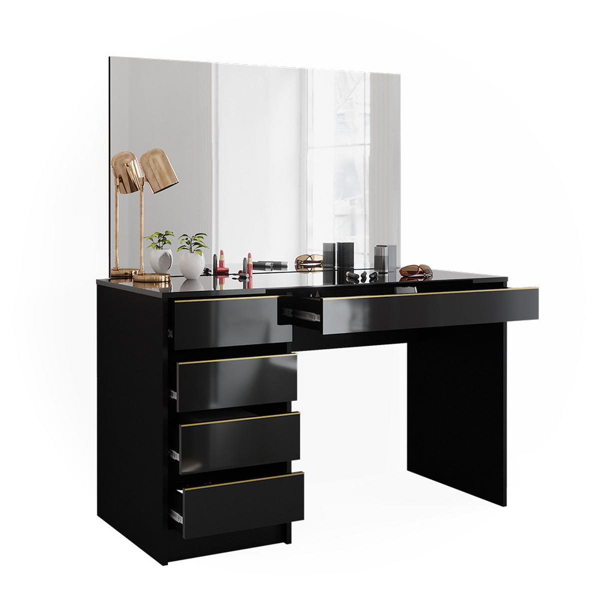 SCHMINKTISCH Sherry Schwarz/Gold 120 cm mit Spiegel - Goldfarben/Schwarz, Holzwerkstoff (120/75/55cm) - Vicco