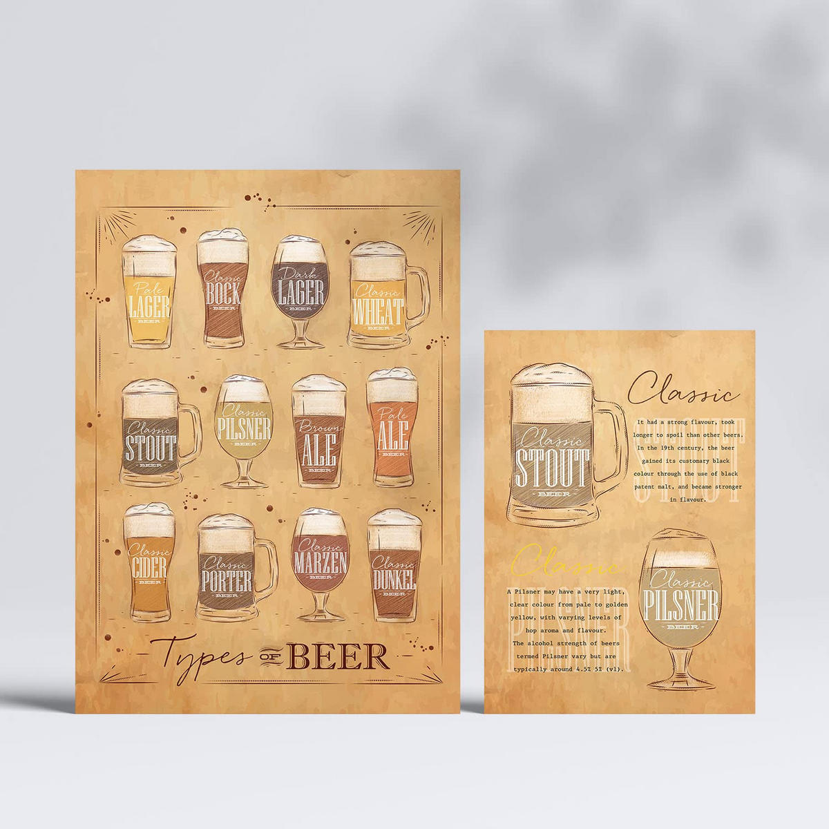 POSTER Set Mit 6 Biersorten Braun Kaffee & Getränken Im Werbetafel Illustrationen A3 & A4 Rahmenlos - Klar, Papier (29/3cm) - Nacnic