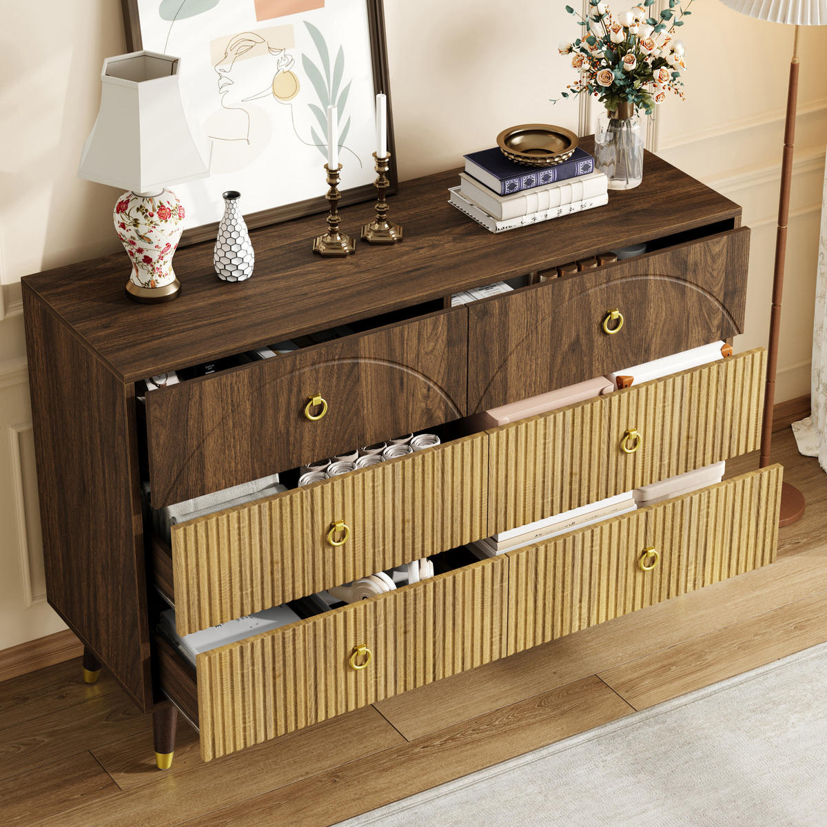 KOMODA 120/40/81 cm s 6 predali, dvobarvnim retro videzom in MDF konstrukcijo, Naravna - naravne barve, leseni material (120/81/40cm) - Redom