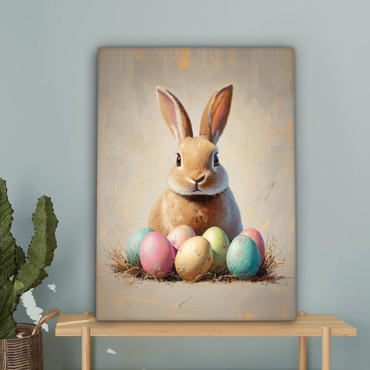 LEINWANDBILD Osterhase - Pastell - Eier Wandbild Wohnzimmer 60x80 cm - Beige, Textil (60/80cm) - MuchoWow