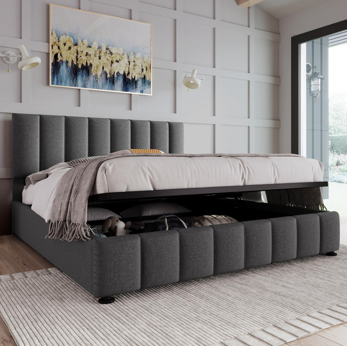 POLSTERBETT 140/200 cm Grau aus Leinen mit verstellbarem Kopfteil und Stauraum mit Matratze - Grau, Textil (140/200cm) - OKWISH