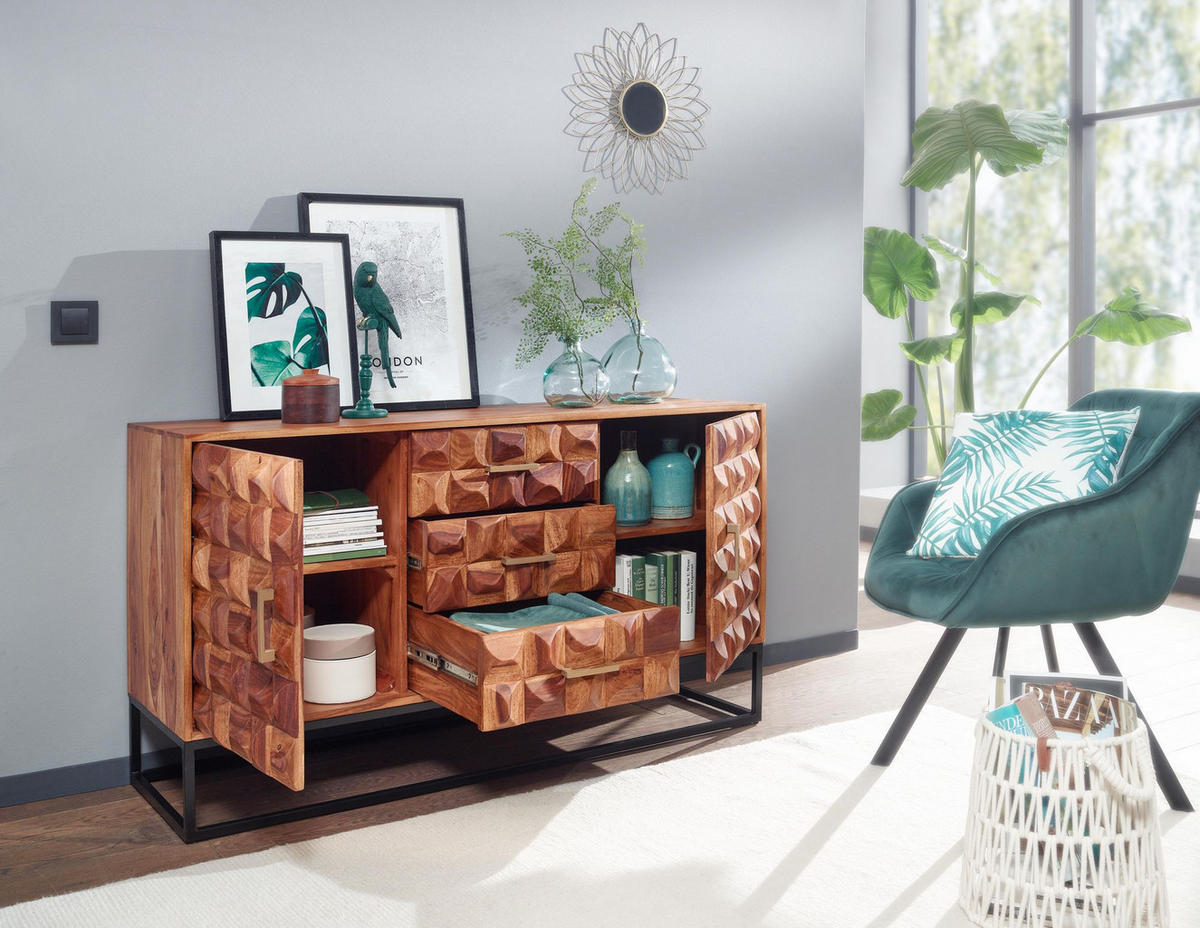 SIDEBOARD – Massivholz, 145x81x45 cm, Industrial-Stil, Metallgestell - Schwarz/Braun, Holz/Metall (145/81/45cm) - KADIMA DESIGN