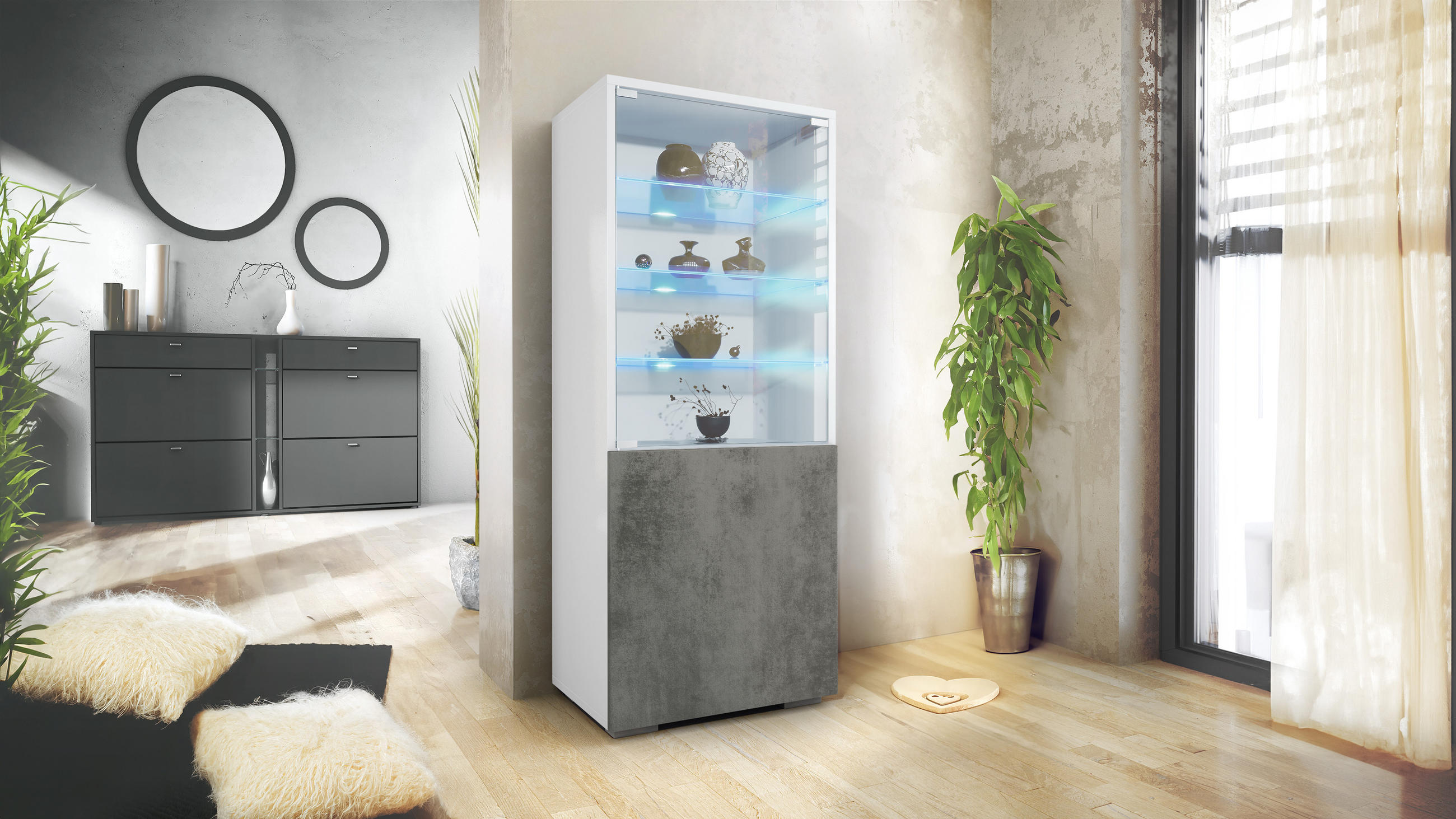 VITRINE Granada Beton Dunkel Optik - Dunkelgrau, Holzwerkstoff (50/122.5/34.5cm) - Vladon