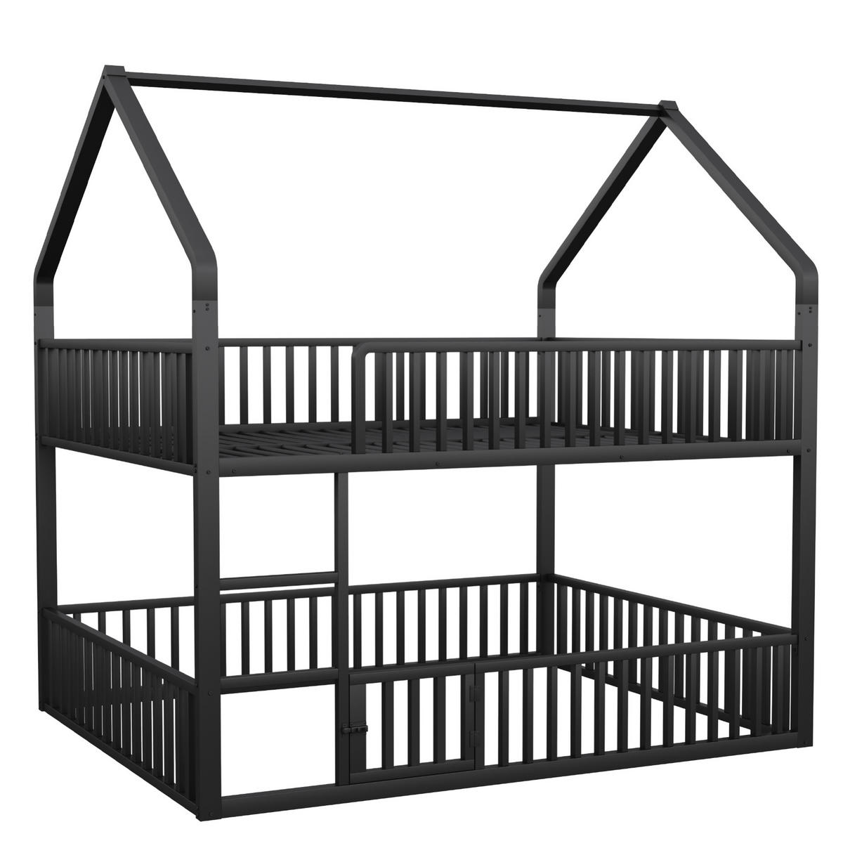 ETAGENBETT aus Metall 140x200 cm Schwarz mit Hausrahmen, Frontleiter und Sicherheitsgeländern - Schwarz, Metall (140/200cm) - Modfu