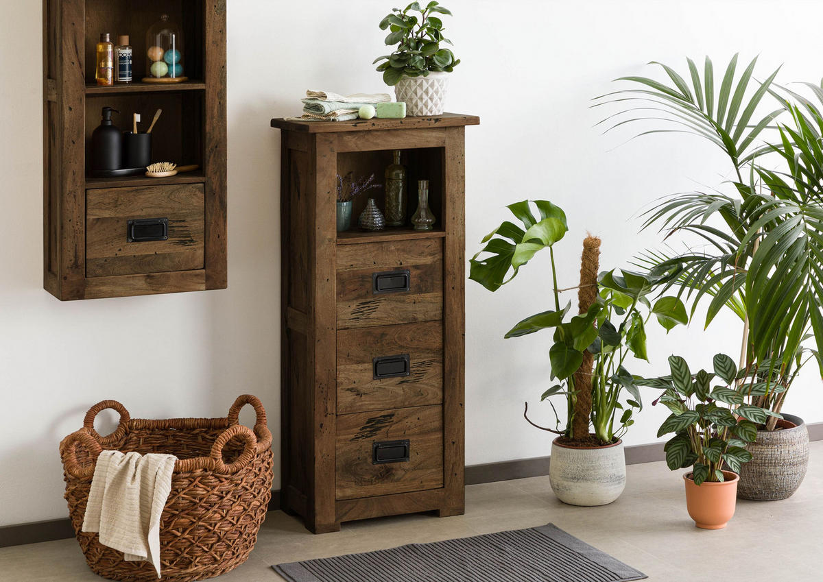 KOMMODE Mango 50x30x120 braun lackiert RAILWAY #481 - Braun, Holz (50/120/30cm) - Massivmoebel24