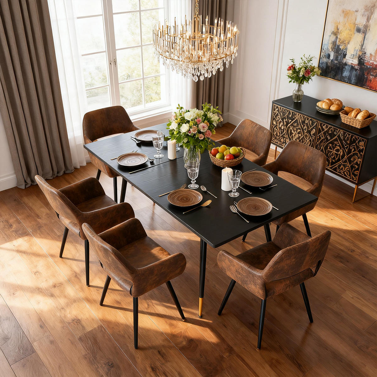 ESSGRUPPE mit ausziehbarem Tisch und 6 Armlehnstühlen in Wildlederoptik, Braun - Multicolor/Schwarz, Metall (47/81/45.5cm) - Meubles Cosy