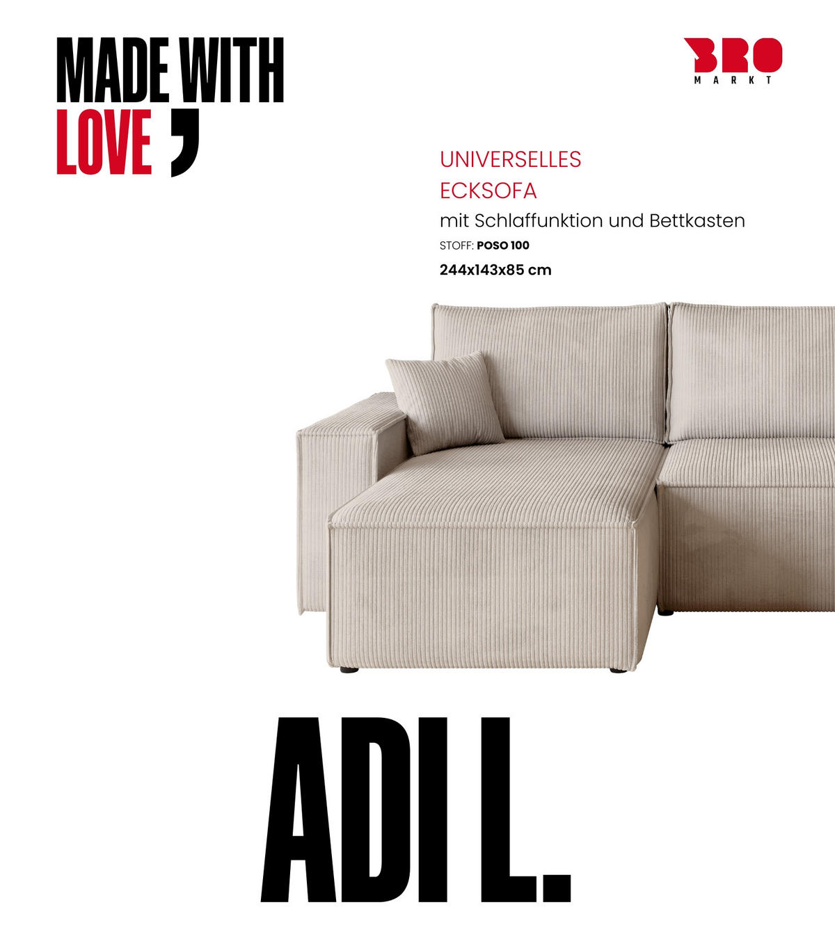 ECKSOFA ADI mit Schlaffunktion Vanille Cord - Creme, Textil (244/143cm) - Bromarkt