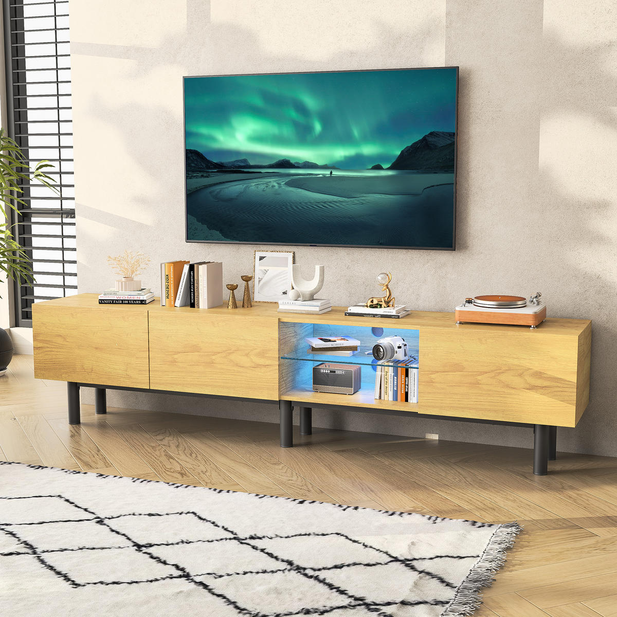 TV Lowboard LED 175 cm, Industriestil, 3 Türen, Holz - Braun, Holz (175/41/31cm)