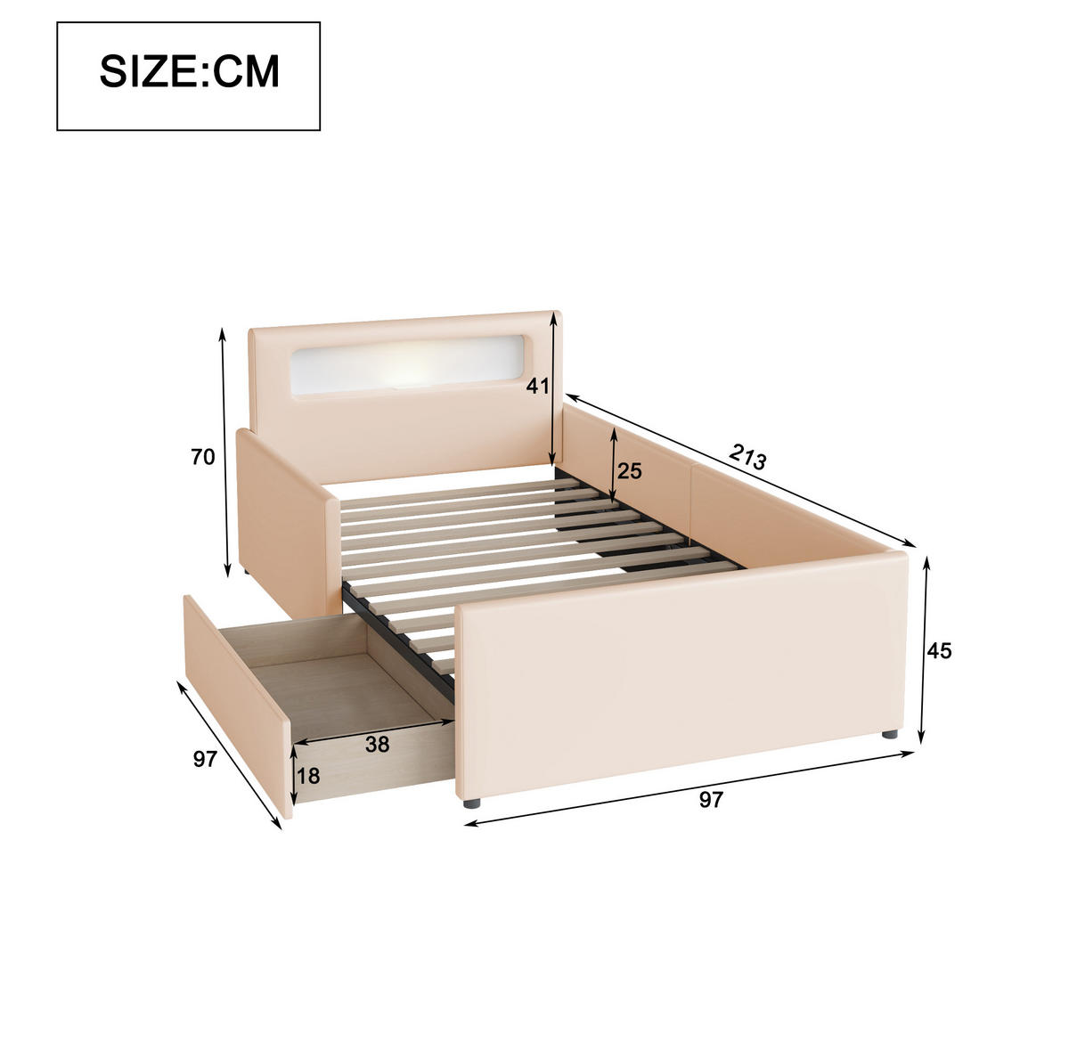 KINDEREINZELBETTEN aus Kunstleder 90x200 cm in Beige mit USB & Nachtlicht - Beige, Leder (90/200cm) - Modfu