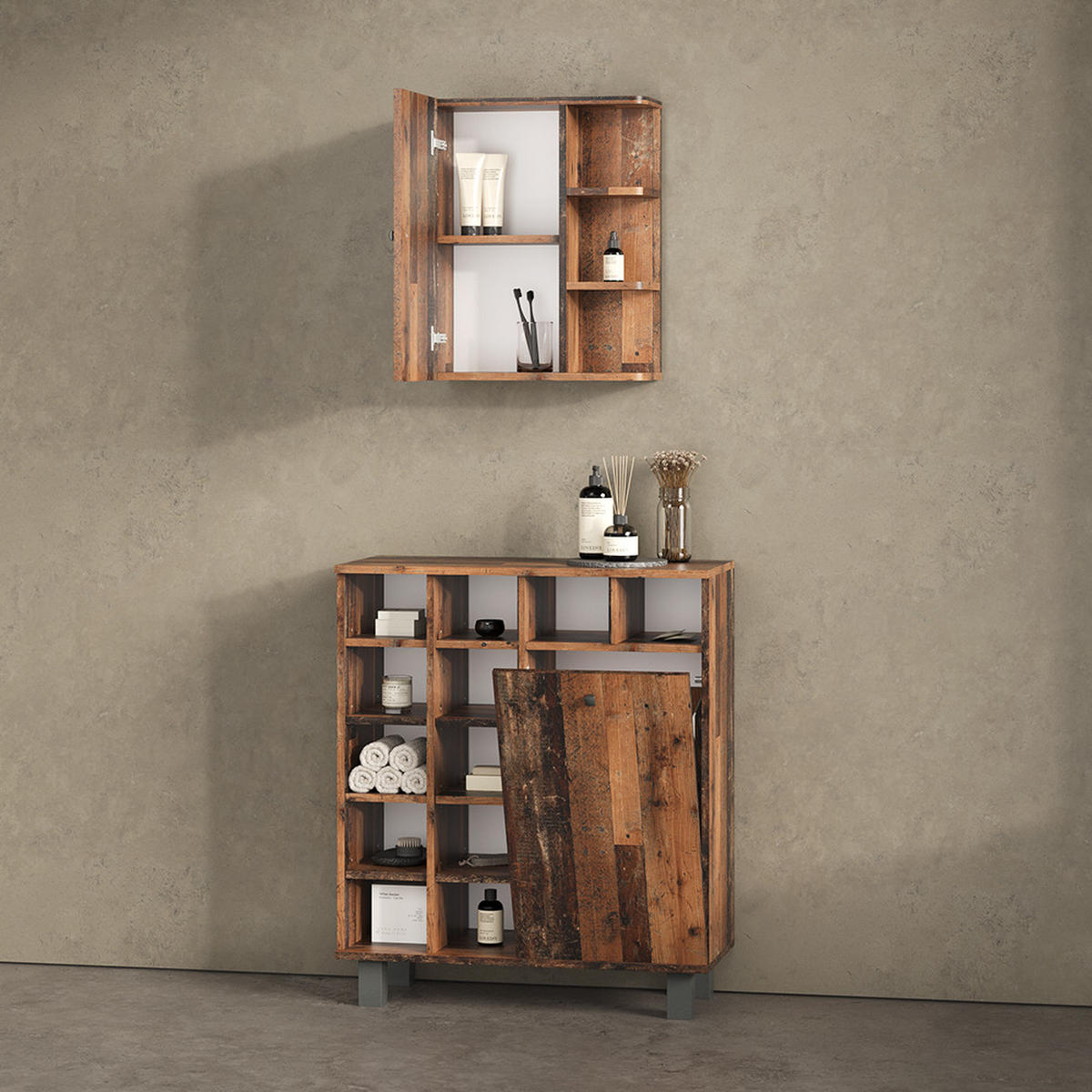 BADSCHRANK Fucino Eiche rustikal 78.4 x 91.6 cm - Wildeiche, Holzwerkstoff (78.4/91.6/34cm) - Livinity®