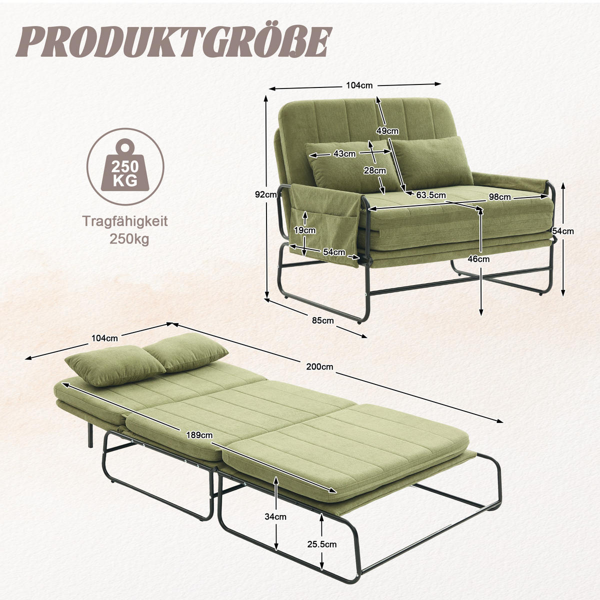 SCHLAFSOFA 2-Sitzer umbaubar mit Metallgestell, DE-42601, Grün - Olivgrün, Metall (104/92/85cm) - ComfortXL