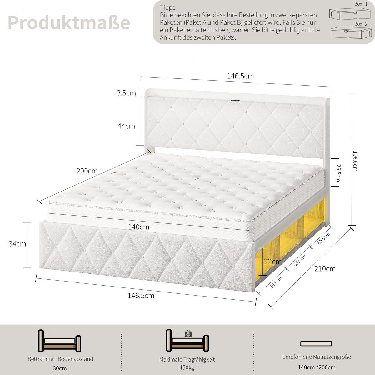 POLSTERBETT 140/200 cm Beige mit 6 Ablagefächer, USB-Ladefunktion und LED-Lichtleisten - Weiß, Textil (140/200cm) - Oxeza