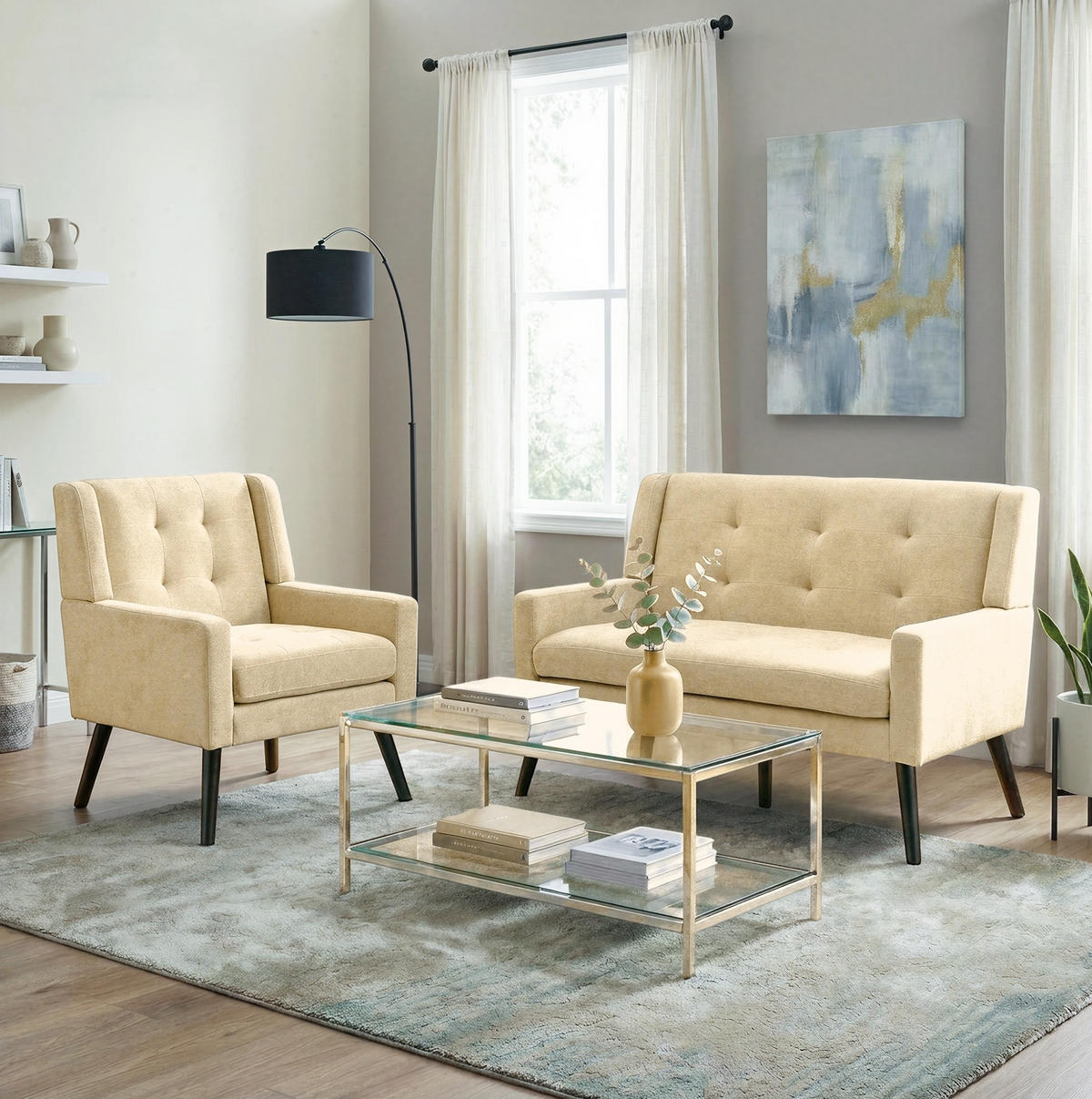 SITZGARNITUR 2-teilig in Beige mit Tufting und Massivholzbeinen,75/119/88 cm - Beige, Textil (75/88/119cm) - Flora Grace