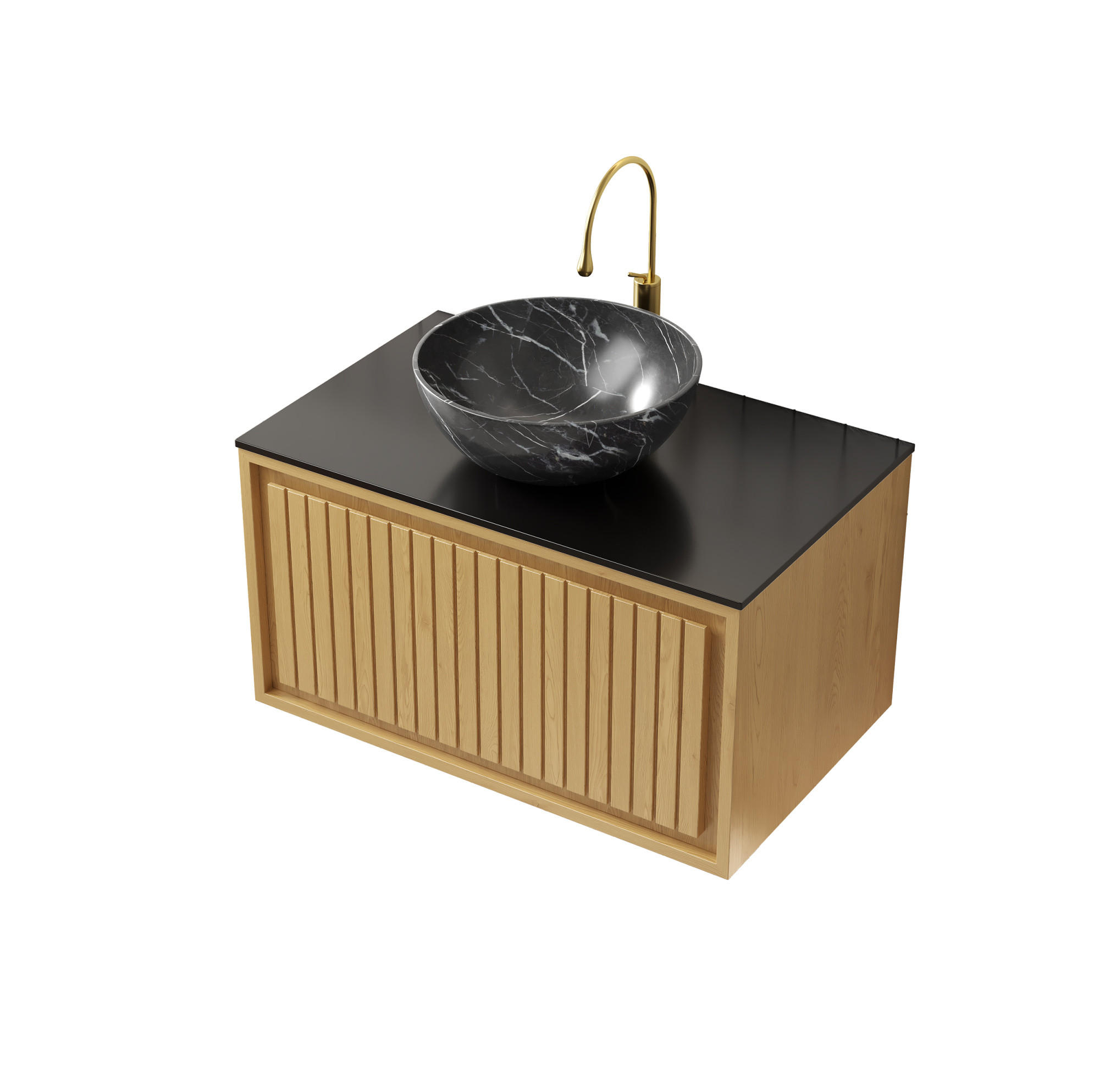 WASCHTISCHKOMBI 61 cm mit Aufsatzbecken und Soft-Close-Schublade in Eiche/Schwarz - Goldfarben, Keramik (76/55.1/48cm) - BEAOK