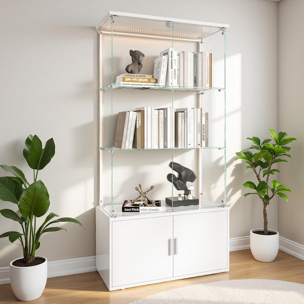 STANDVITRINE 78.5x164cm mit LED-Leisten, ESG-Glas, Weiß, abschließbar - Weiß, Glas (35/164/78.51cm) - SHOPENTRA