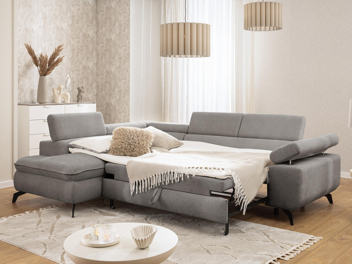 ECKSOFA mit Schlaffunktion und Bettkasten Bonnie aus Hellgrau Chenille-Stoff mit verstellbaren Kopfstützen und Armlehne - Ottomane links - Hellgrau/Schwarz, Holz/Textil (275/210cm) - S-Style Möbel