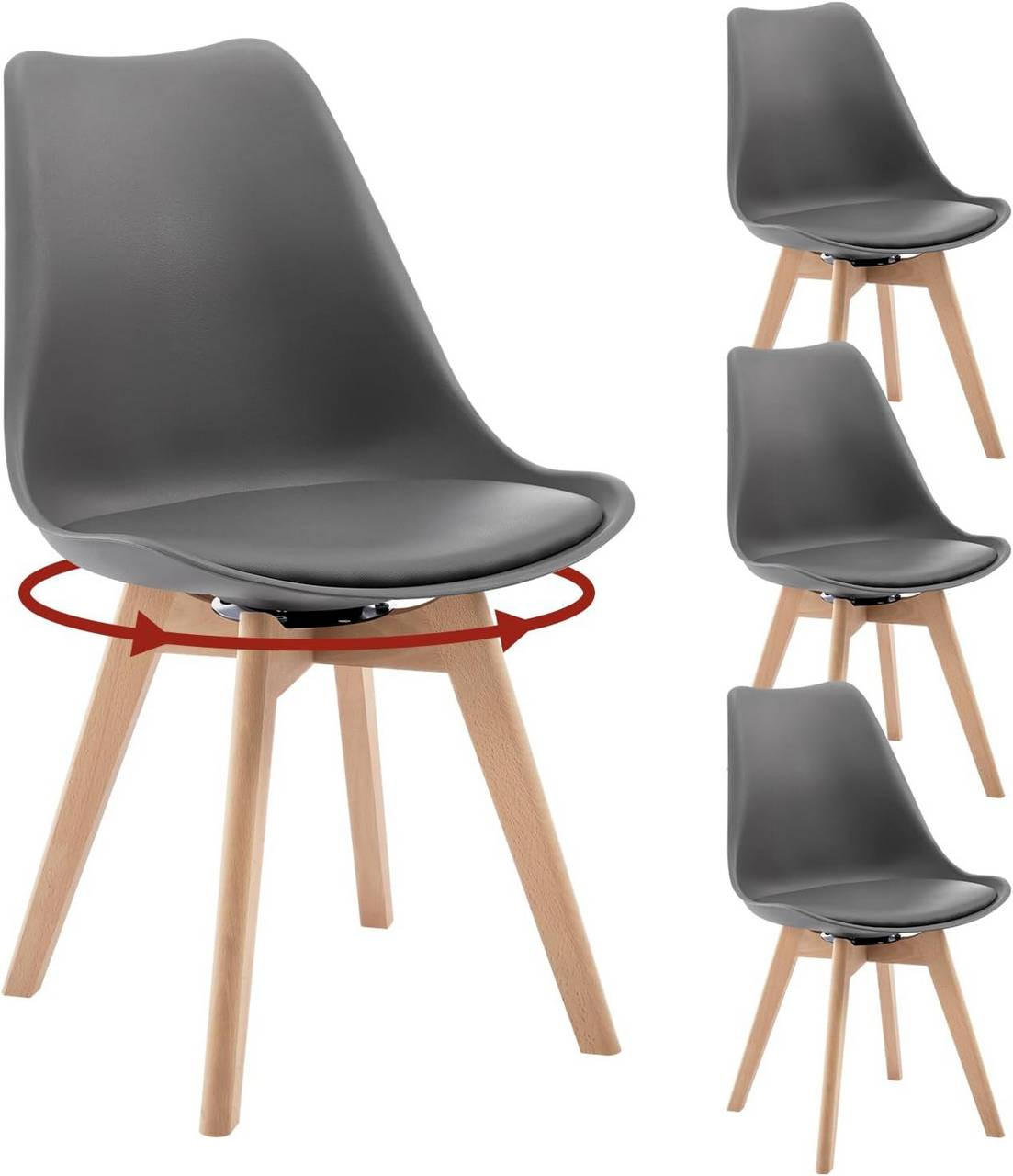 STUHL 4er Set, drehbar, Kunstleder, Massivholz, Grau - Buchefarben/Grau, Holz/Kunststoff (48/83/58.5cm) - Woltu