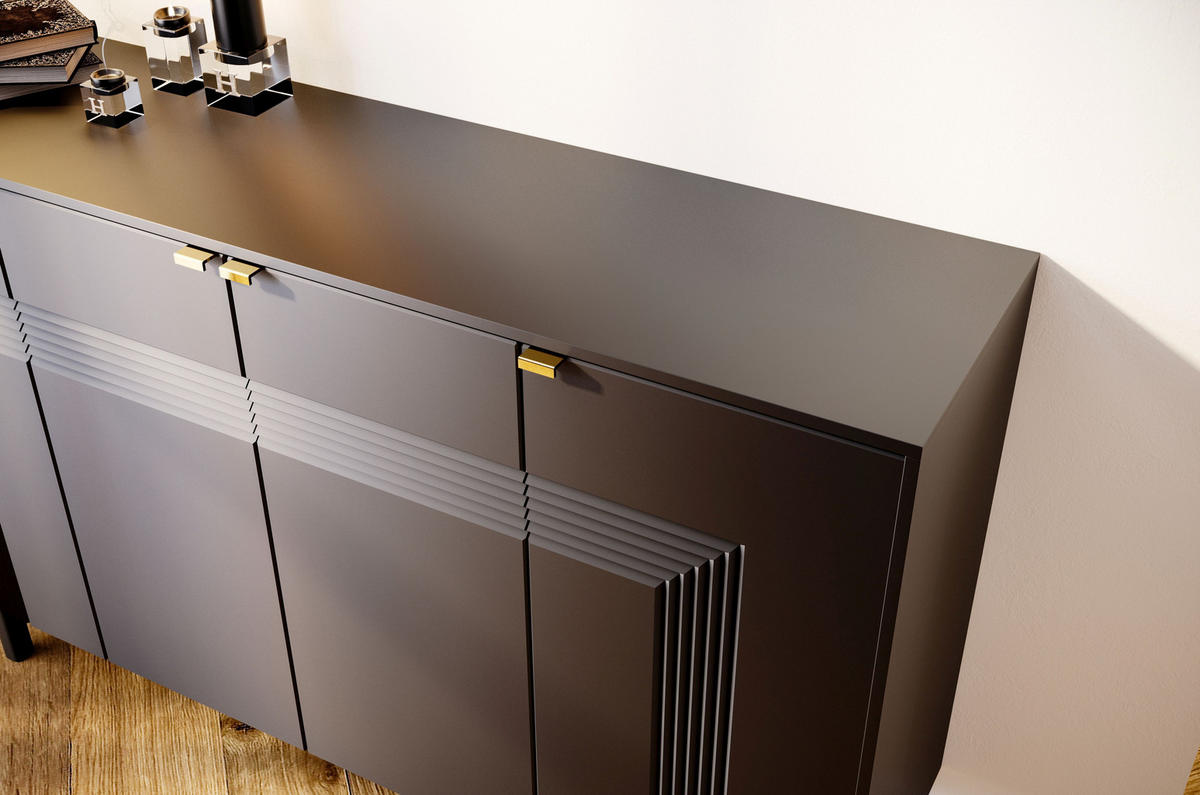 SIDEBOARD Yoko, Schwarz, Mit Dekorativen Fronten Und Goldgriffen - Schwarz, Holzwerkstoff/Buchenholz (156/99/40cm) - Dancan