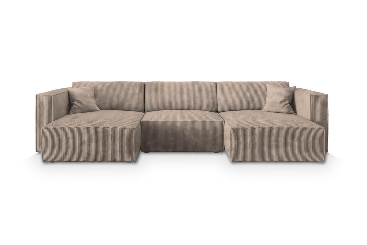 WOHNLANDSCHAFT SARMO P Beige Kordstoff mit Schlaffunktion - Beige, Holz (347/70/148cm) - MASSENO