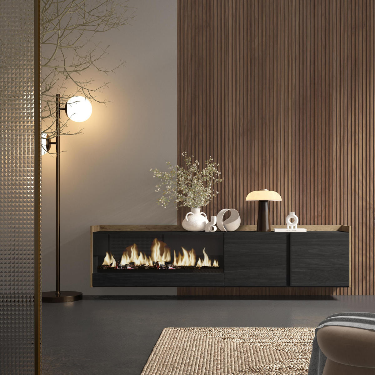 LOWBOARD, Schwarz und Eiche, 212/35/50cm, Kamin mit Feuereffekt XXL - Schwarz, Holzwerkstoff (212/50/35cm) - Skraut Home