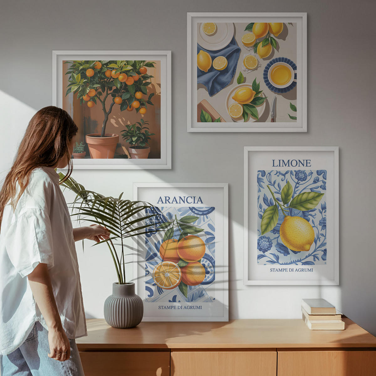 BILDER SET 4er Set - 50x50 cm & 40x60 cm Weißer Rahmen - Illustrationen von Zitrusfrüchten - Weiß, Kunststoff (50/50cm) - TULUP