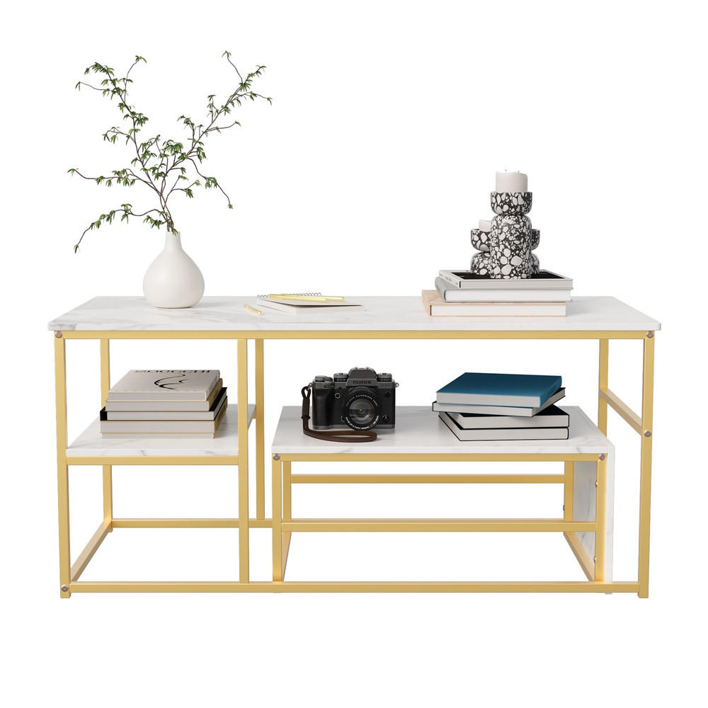 COUCHTISCH - Rechteckiger Couchtisch in Marmoroptik mit Metallgestell - Weiß und Gold - Goldfarben, Holzwerkstoff (52/105/48.5cm) - DELFA