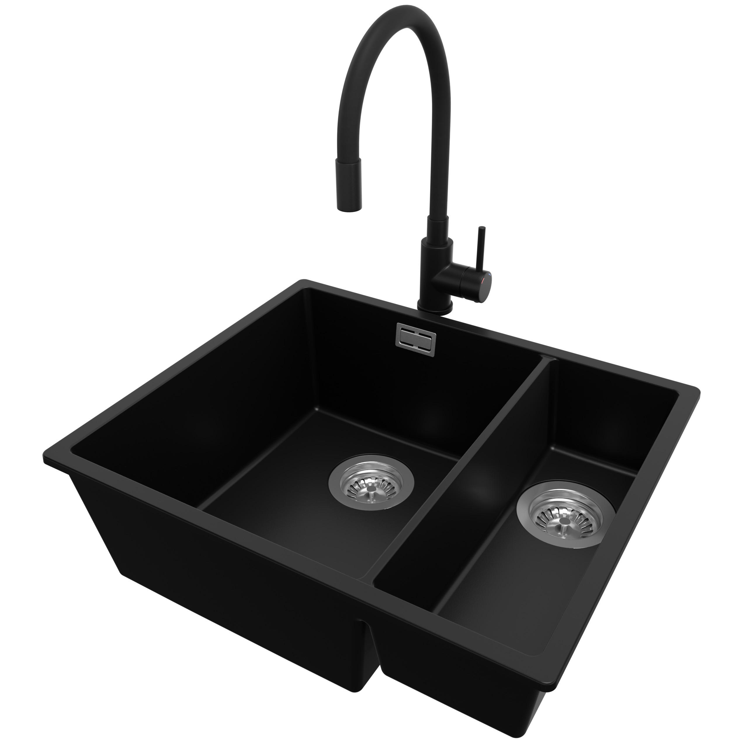 GRANITSPÜLE London Slim Duo, 2-er set Schwarz 56/47 cm 1,5 Becken + Küchenarmatur 40/38 cm + Ablauf-Set ab 60er Unterschrank - Chromfarben/Schwarz, Kunststoff (56/20/47cm) - Primagran