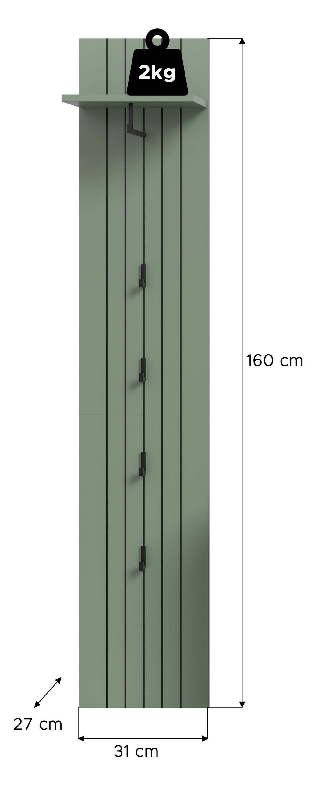 GARDEROBENPANEEL STATION (B/H/T: ca. 31/160/27 cm) in Smoke Green/Smoke Green - Dunkelgrün, Holzwerkstoff (31/160/27cm)