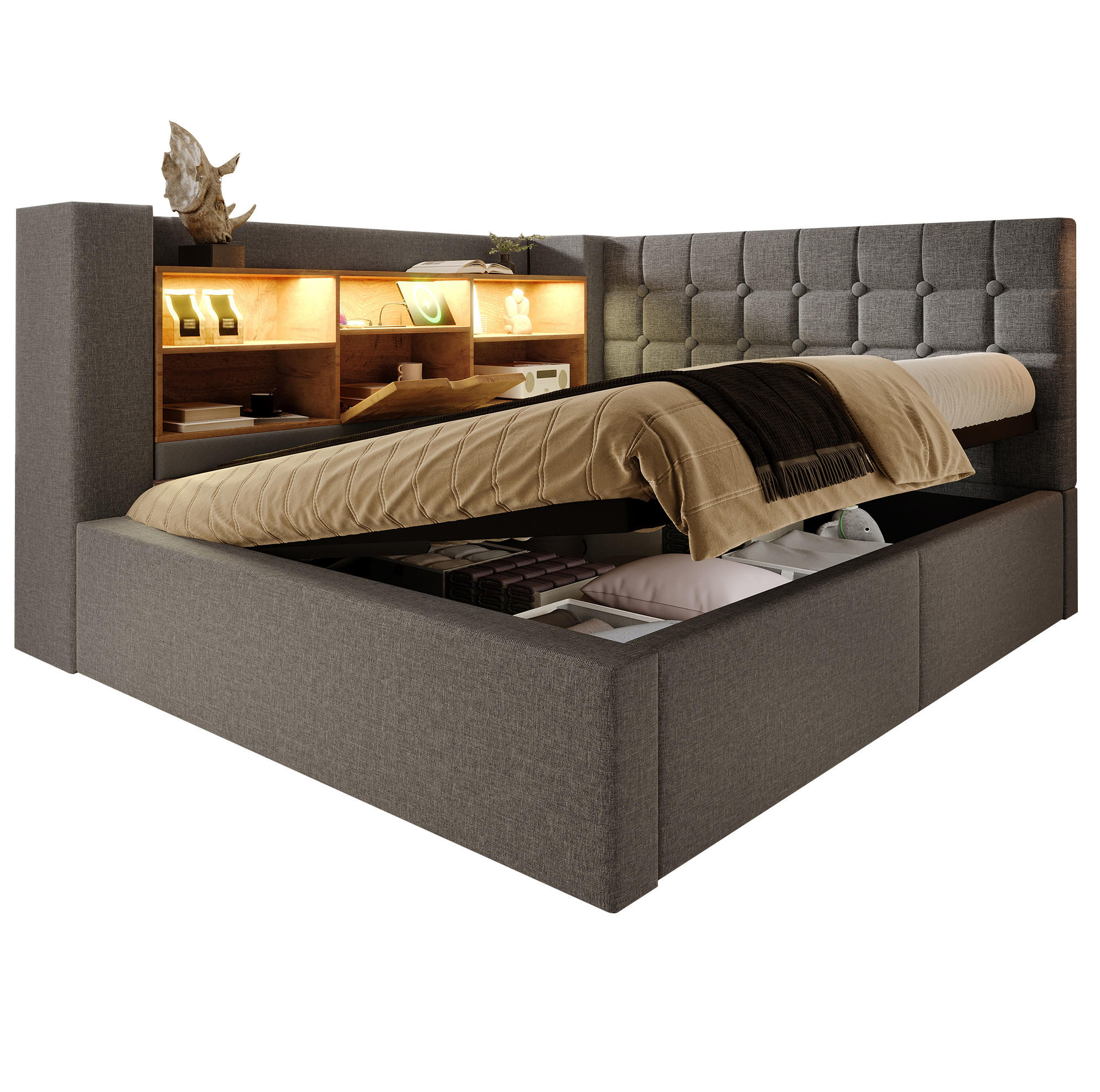 POLSTERBETT 140/200 cm Grau mit LED-Beleuchtung, Stauraum und USB-Anschlüssen - Grau, Textil (140/200cm) - Flora Grace