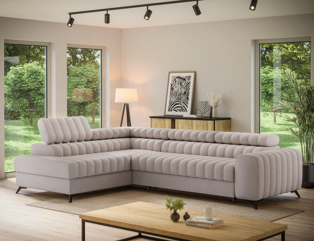 KANEDO Ecksofa mit Schlaffunktion und Bettkasten – Modernes Designsofa, verstellbare Kopfstützen, Metallfüße - Beige, Kunststoff (269/86cm) - Wohnideebilder
