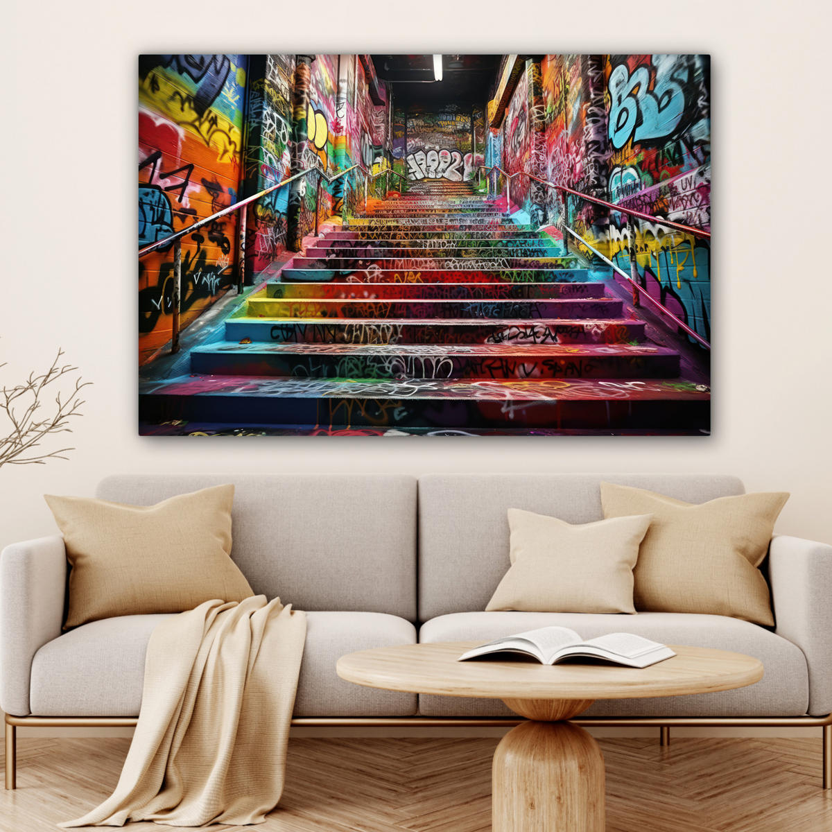 LEINWANDBILD Treppe - Graffiti - Farben - Kunst Groß 140x90 cm - Multicolor, Textil (140/90cm) - MuchoWow