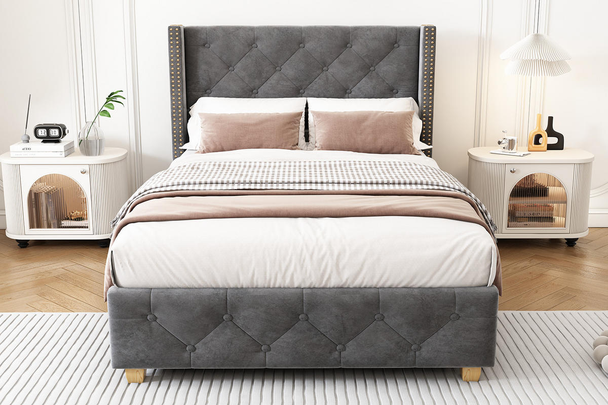 POLSTERBETT 90/200 cm Grau mit Lattenrost und Kopfteil, Samt und Nieten - Grau, Textil (90/200cm) - OKWISH