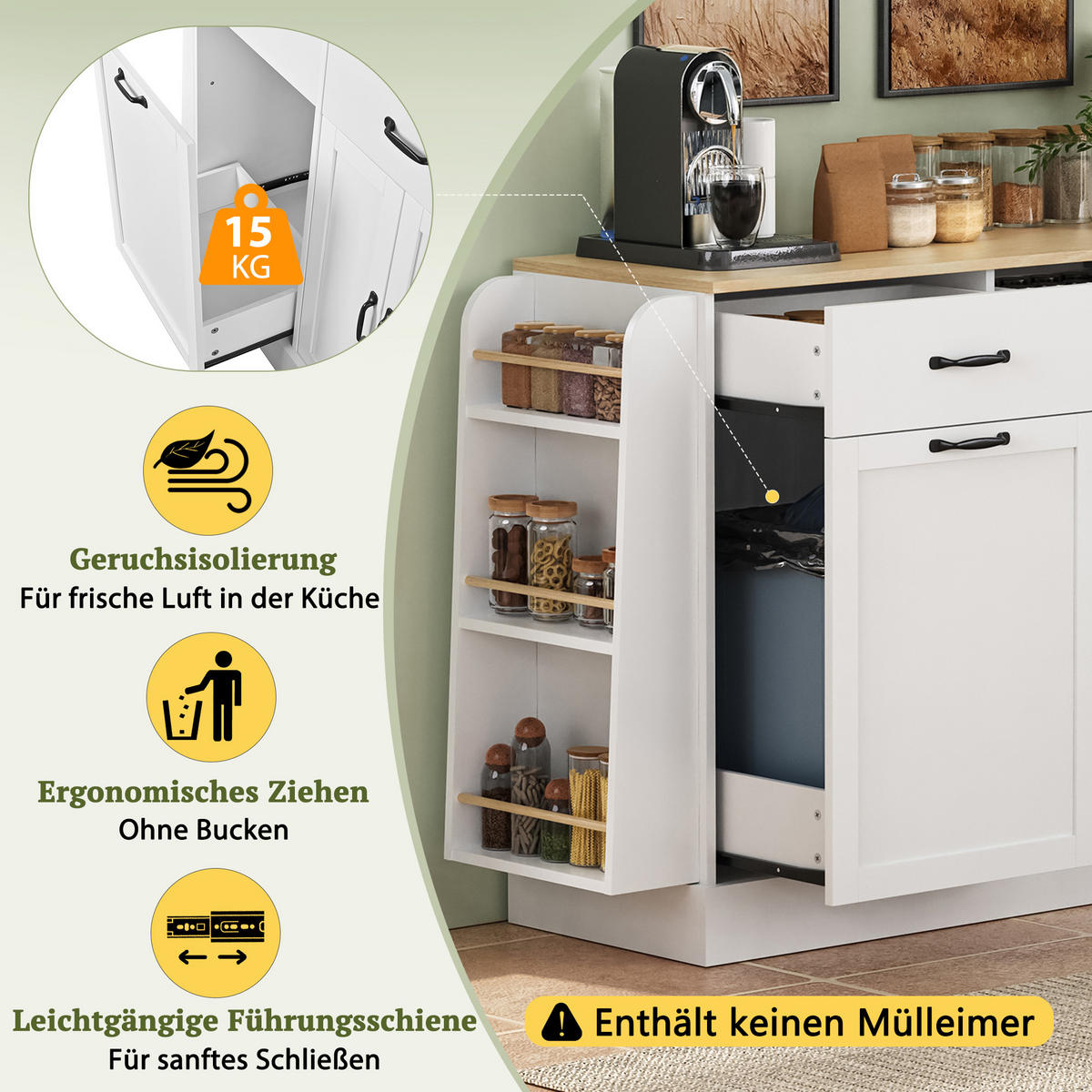 SIDEBOARD mit Abfallfach, Gewürzregal und Schubladen, Weiß - Weiß, Holzwerkstoff (133.5/86/40cm)