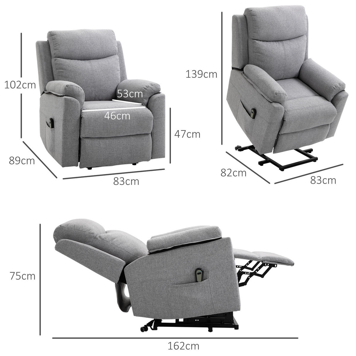 FERNSEHSESSEL mit Aufstehhilfe, Grau - Schwarz/Grau, Textil/Metall (89/102/83cm) - HOMCOM