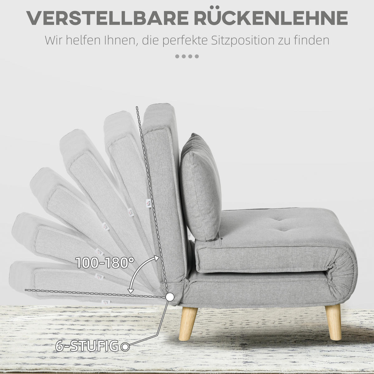 SCHLAFSESSEL, Klappbett mit Bettfunktion, Lendenkissen, für Wohnzimmer Hellgrau - Hellgrau/Naturfarben, Holz/Textil (78/79/72cm) - HOMCOM