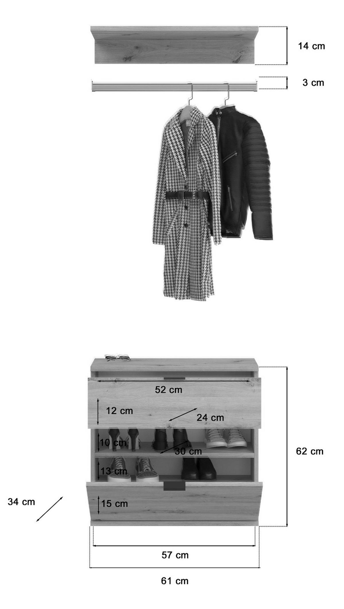 GARDEROBEN-SET Artisan Eiche 61 cm, Komplettset mit Kleiderstange - Schwarz/Eiche Artisan, Holzwerkstoff/Metall (61/79/34cm) - Inn.Furn