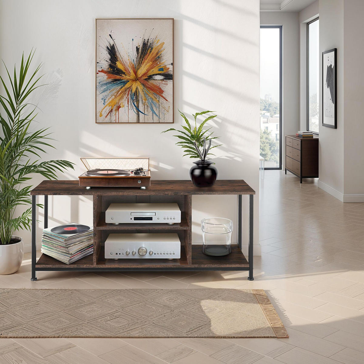 TV-REGAL Denver,120 x 40 x 50,5 cm,Industrial Holz dunkel, rustikal - Rostfarben, Holzwerkstoff (40/50.5/120cm) - tectake