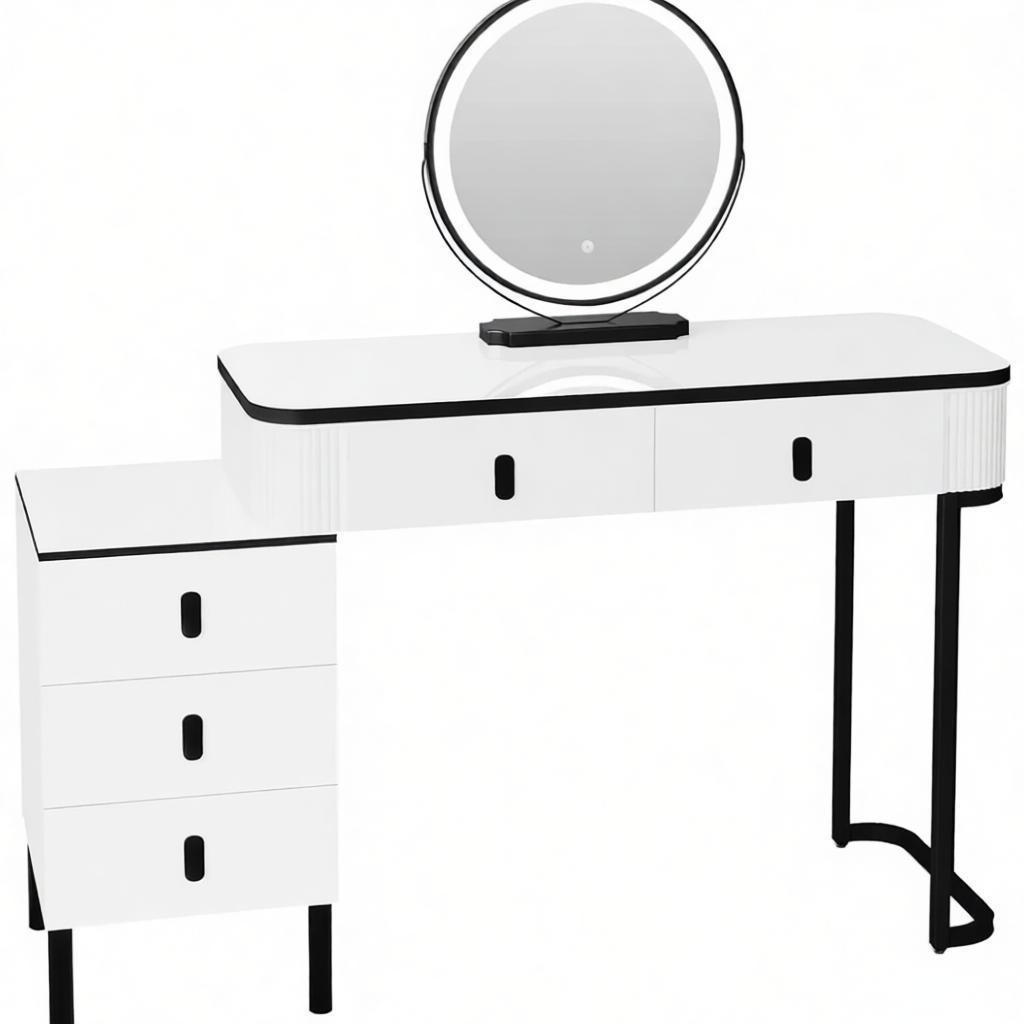 SCHMINKTISCH mit verstellbarem runden LED-Spiegel und 5 Schubladen - Schwarz, Glas (100/125/40cm) - Vallsero