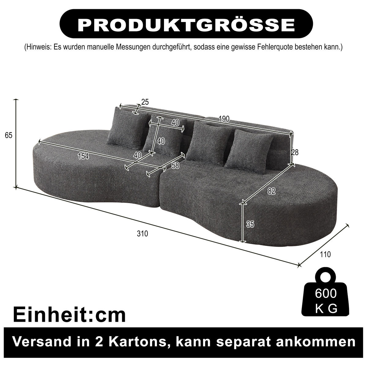 4-SITZER SOFA Chenille Grau Modulares 2-teiliges Design - Grau, Textil (310/65/110cm) - WISHDOR