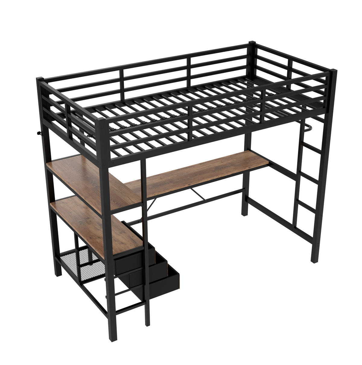 HOCHBETT mit Schreibtisch 90/200 cm in Schwarz – mit Treppe, Stauraum und LED - Schwarz, Metall (90/200cm) - BEAOK