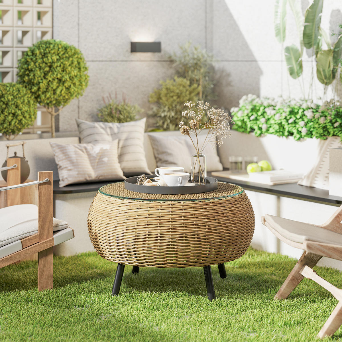 BEISTELLTISCH aus Polyrattan runder Kaffeetisch mit Glas - Braun, Metall (75/75/42cm) - Outsunny