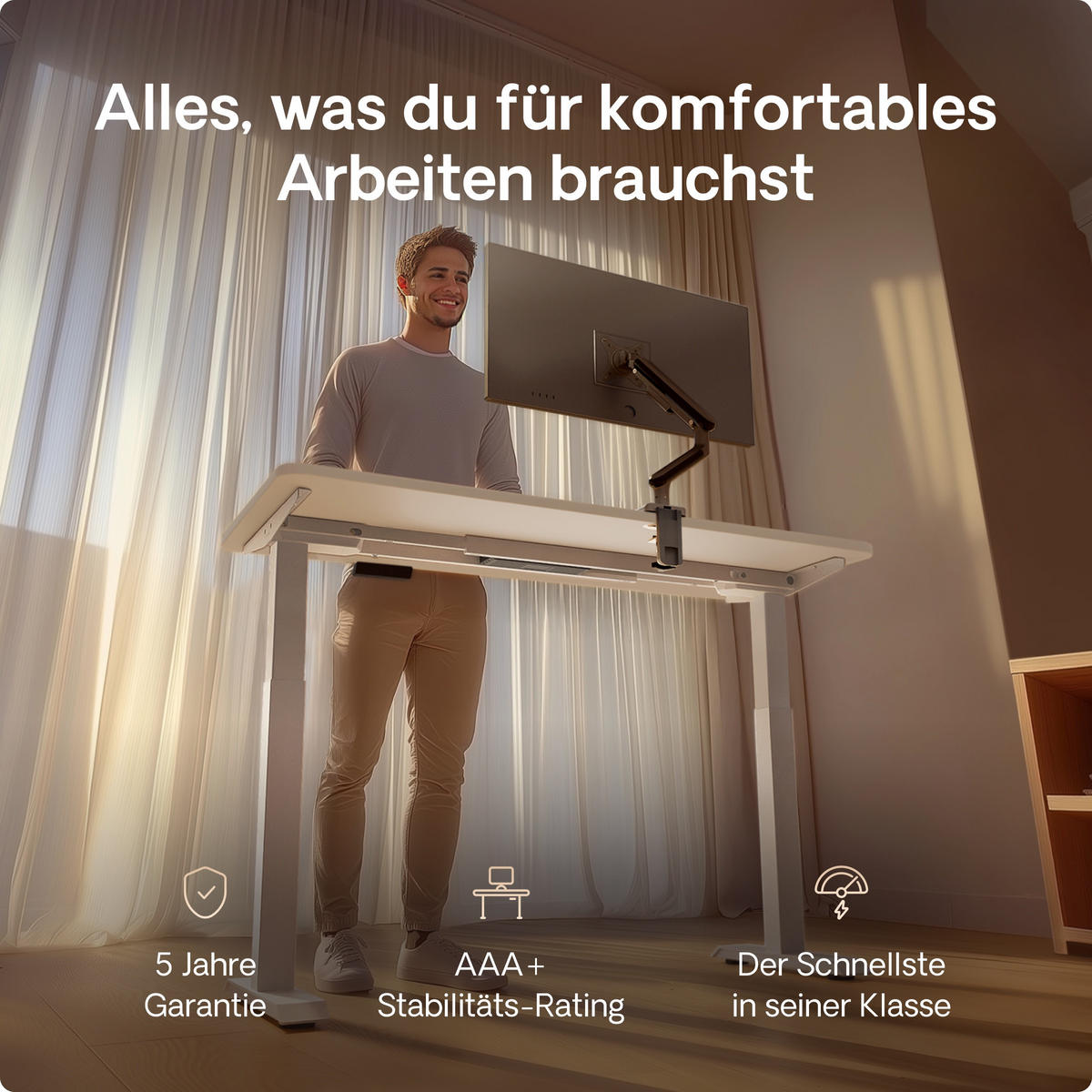 SCHREIBTISCH Elektrisch Höhenverstellbarer HomeOne 160x80cm Weiß/Weiß mit Memory-Funktion, Anti-Kollisions Technologie - Weiß, Holzwerkstoff (80/160/72cm) - Desktronic