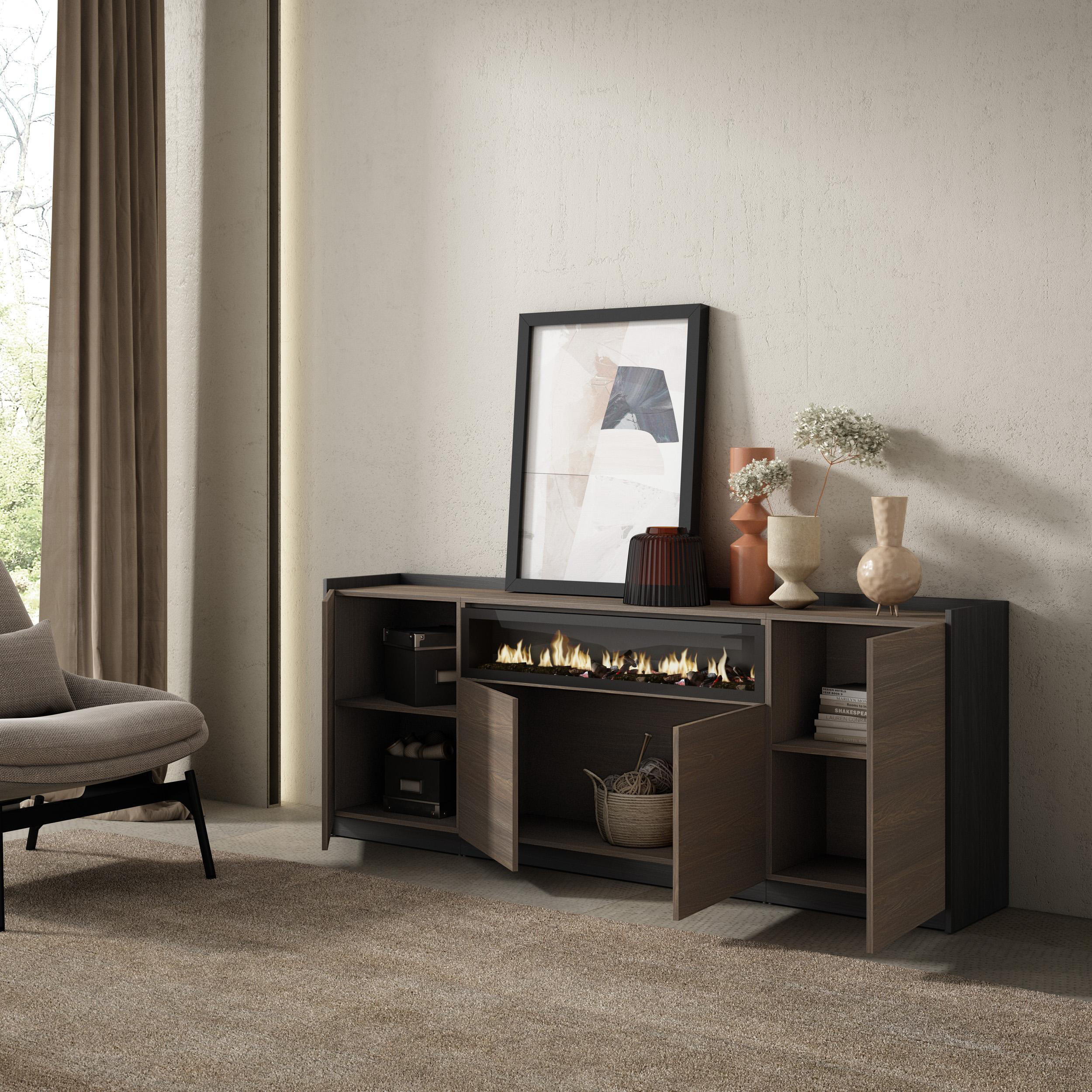 SIDEBOARD, Dunkler Eiche und Schwarz, Elektrokamin, 207/37/80cm - Dunkelbraun, Holzwerkstoff (207/80/37cm) - Skraut Home