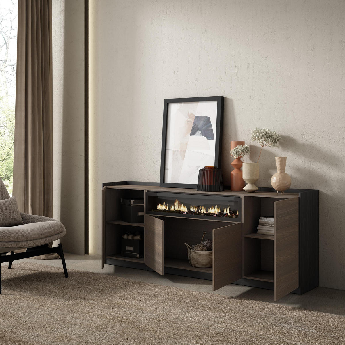 SIDEBOARD, Dunkler Eiche und Schwarz, Elektrokamin, 207/37/80cm - Dunkelbraun, Holzwerkstoff (207/80/37cm) - Skraut Home