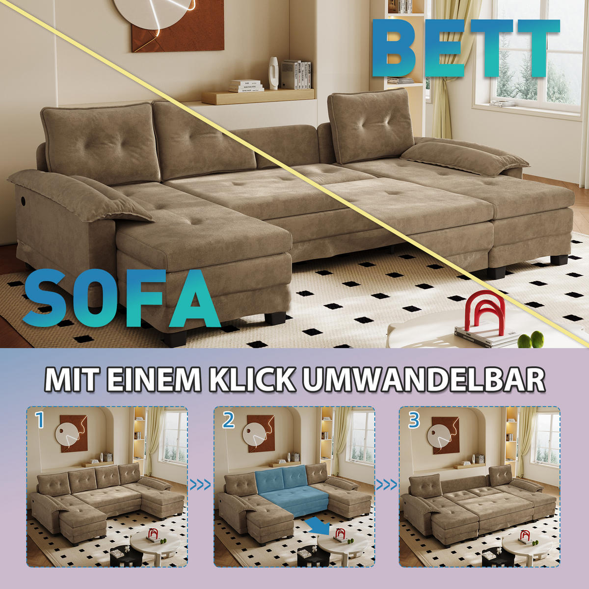 WOHNLANDSCHAFT Khaki 278/127/87 cm 4-Sitzer Modular mit USB-Ladefunktion - Sahara, Textil (278/87/127cm) - PANGIVO