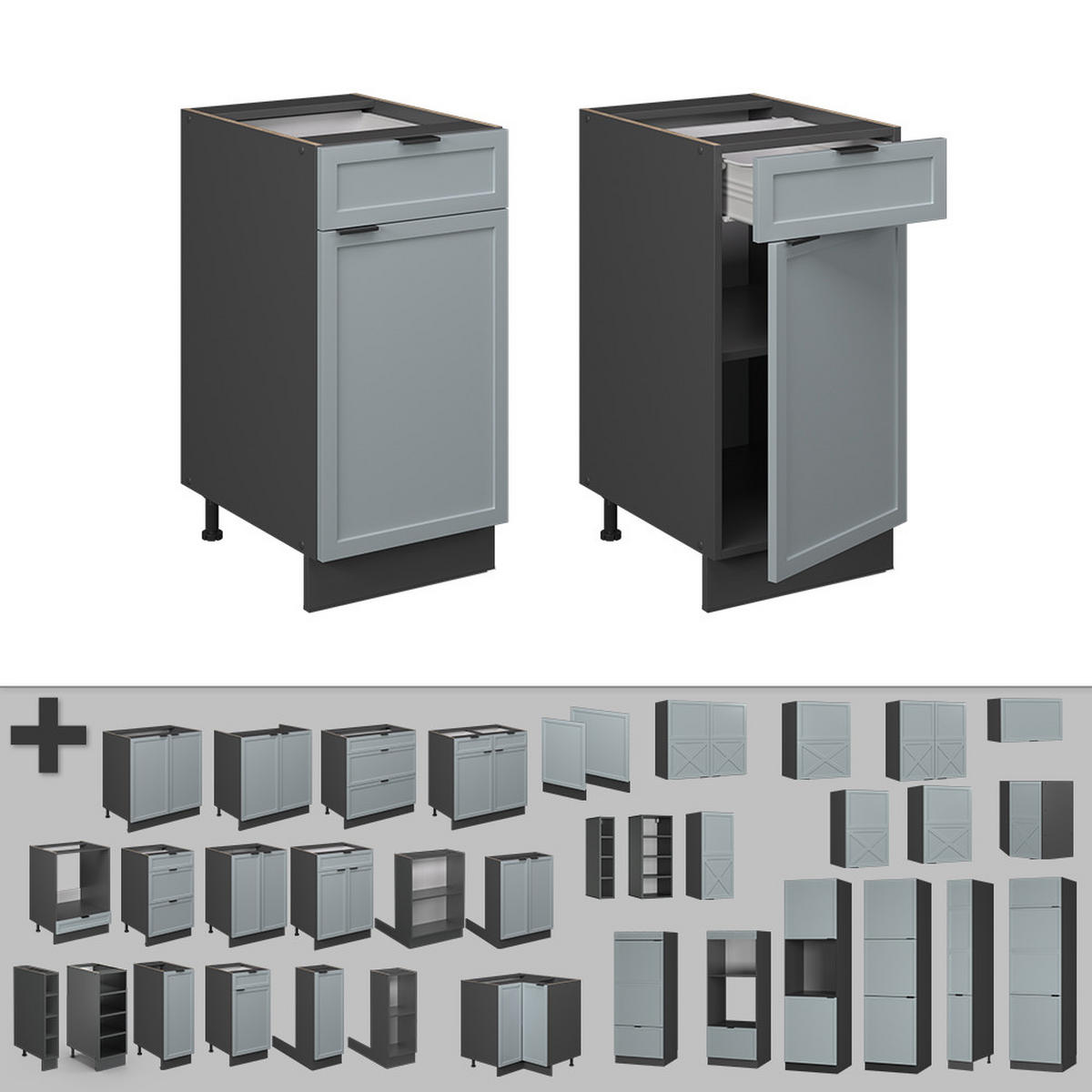 KÜCHENUNTERSCHRANK Fame-Line Hellblau-grau 40 cm, AP Eiche - Anthrazit/Blaugrau, Holzwerkstoff (40/82/60cm) - Vicco